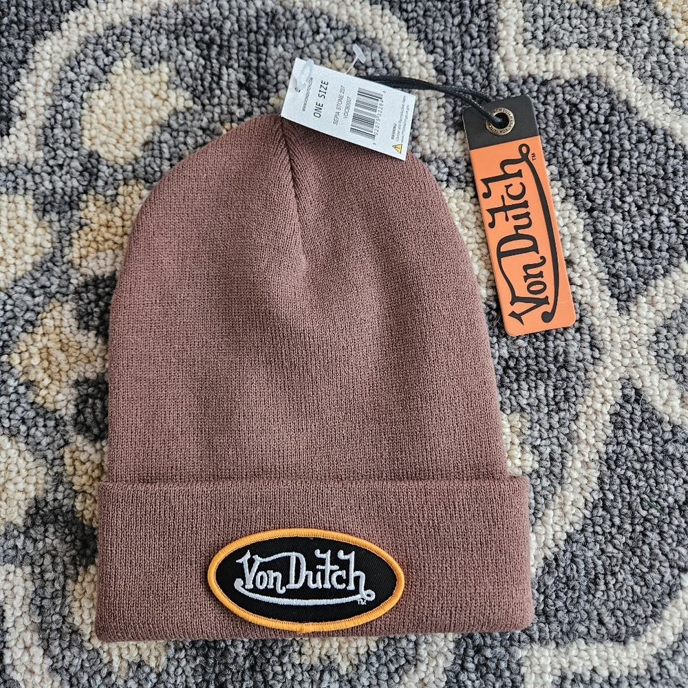 Von Dutch Patcher Cuff Beanie Hat Sepia Stone New with tags NWT